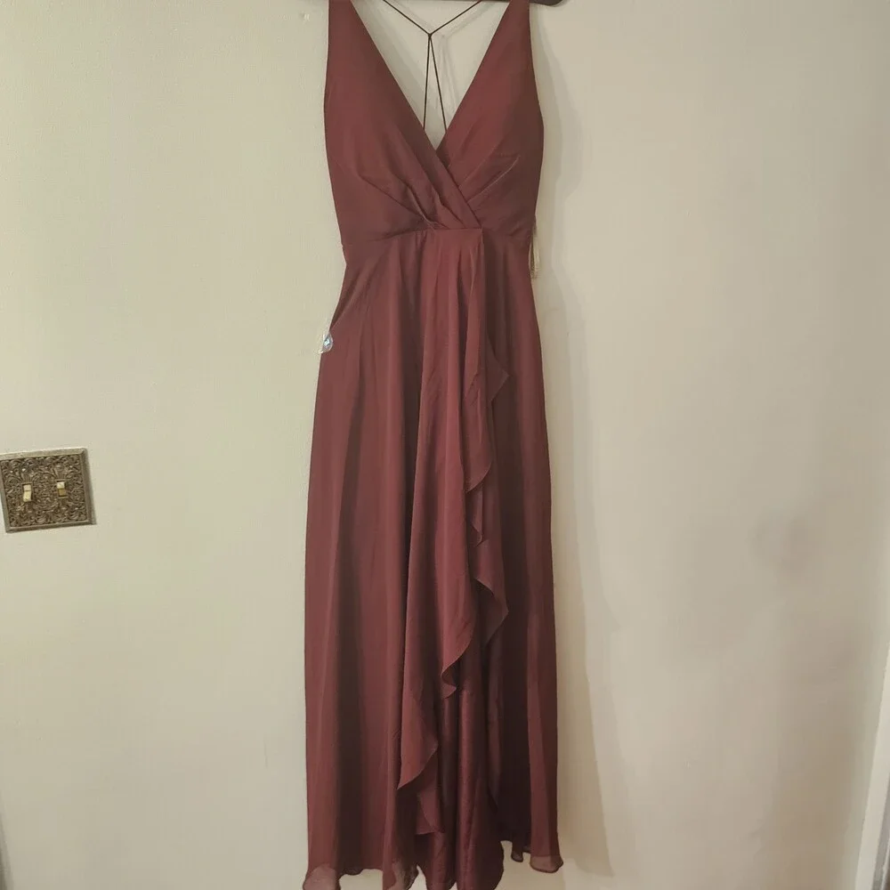 Jenny Yoo Farrah Burgundy Chiffon Bridesmaid Gown Ruffle Maxi Formal Dress 0 - Picture 2 of 9
